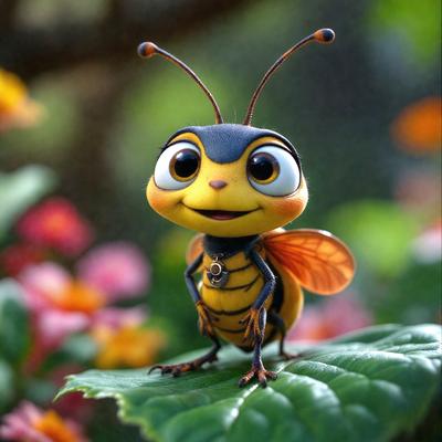 The primary subject of the image is a small yellow and black insect, possibly a beetle or a grasshopper, with big eyes and a smile on its face. It is standing on a leaf, which serves as the setting or background of the image. The visual style of the image is a combination of photo and digital art, creating a unique and eye-catching appearance. The colors and mood of the image are bright and cheerful, with the yellow and black insect being the main focus and source of visual interest.